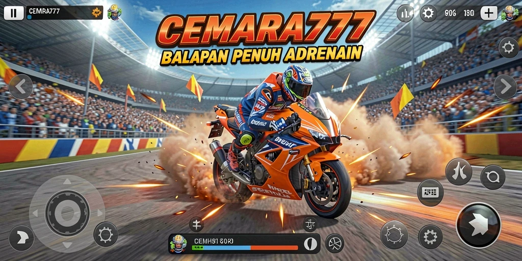 Tampilan gameplay CEMARA777 dengan aksi balapan motor yang seru.