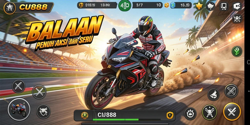 Tampilan seru gameplay balapan motor pada CU888.