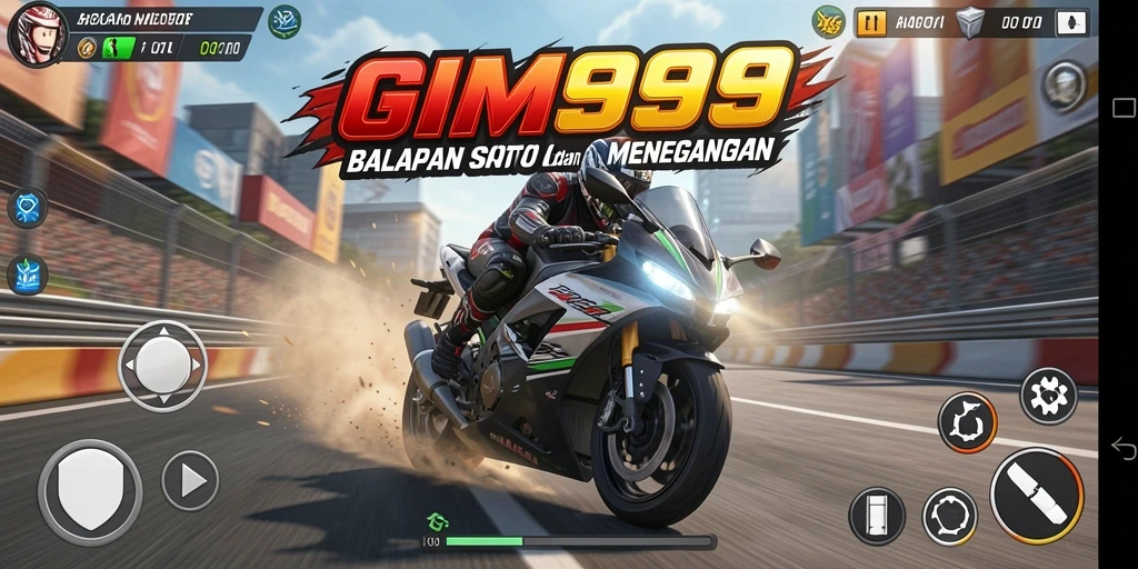 Screenshot utama GIM999 menampilkan gameplay balapan motor yang mendebarkan.