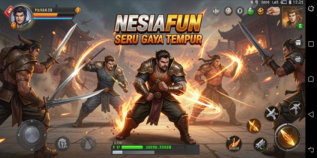 Screenshot utama NESIAFUN menampilkan pertarungan intens antar karakter.