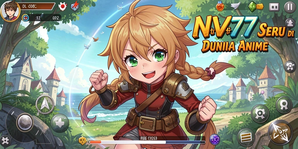 Screenshot gameplay NV77 menunjukkan pertarungan karakter anime yang seru.