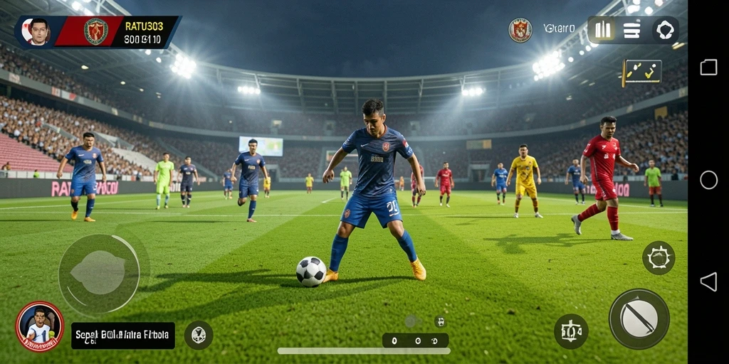 Tangkapan layar gameplay olahraga sepak bola yang dinamis dan menarik.