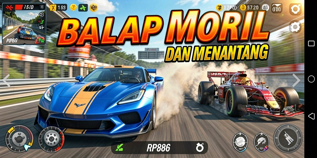 Screenshot RP886 menampilkan balapan intens di trek yang menarik.