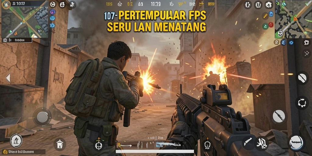Screenshot utama SD107 menampilkan aksi intens dalam pertempuran FPS.
